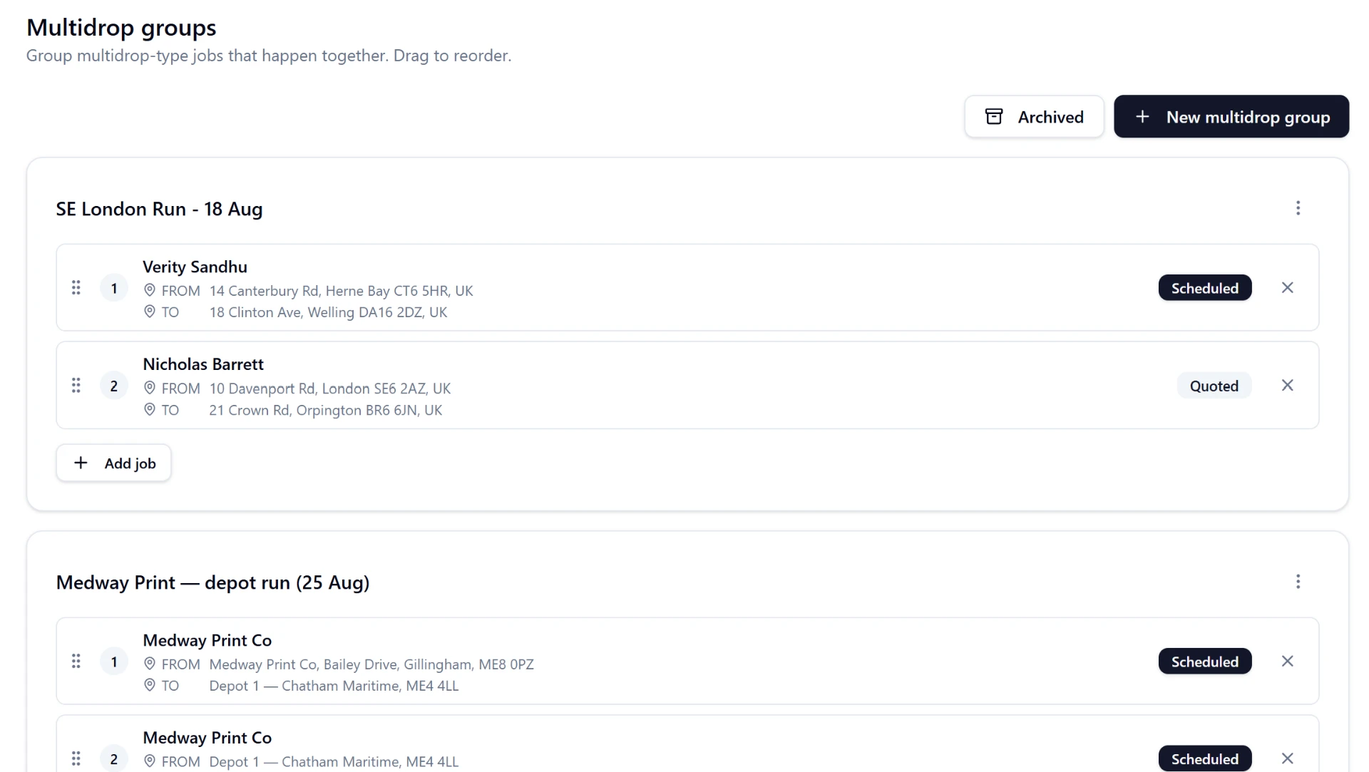 MoverHub multidrop groups screen