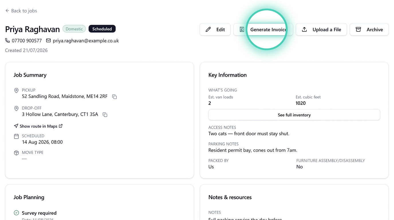 MoverHub job detail with Generate Invoice button highlighted