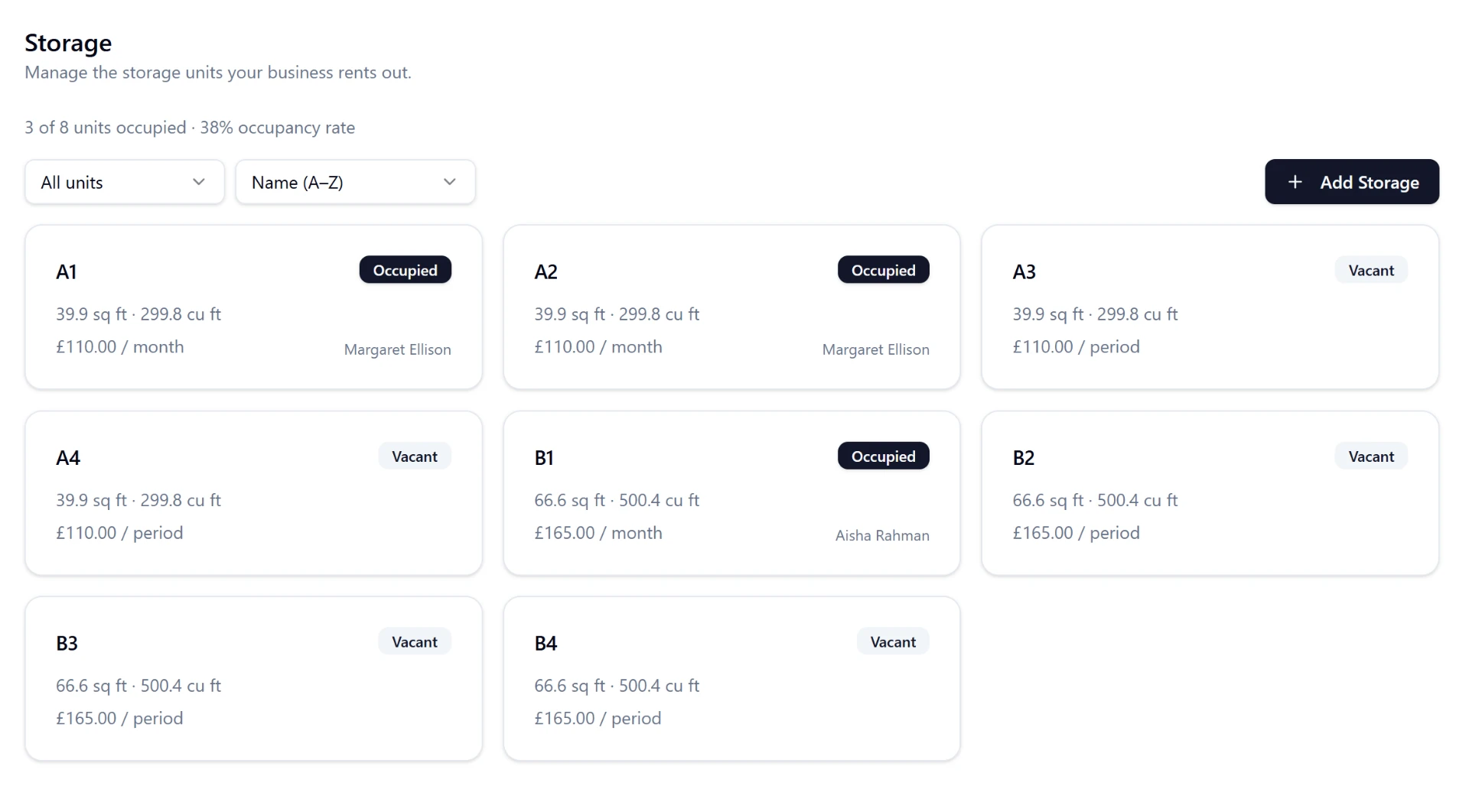 MoverHub storage units screen showing occupied and vacant units with monthly prices