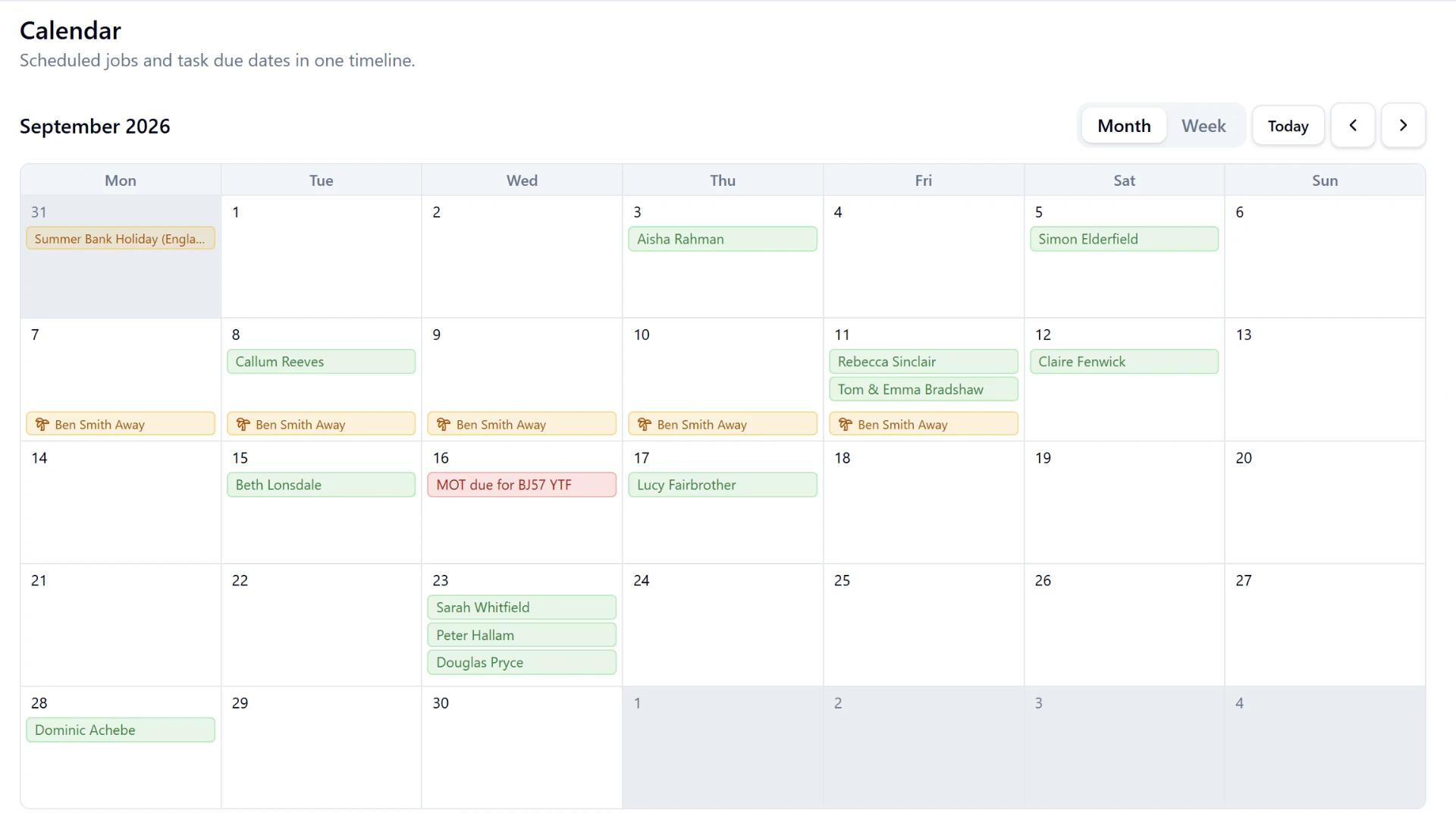 MoverHub calendar showing a month of scheduled removals jobs and tasks
